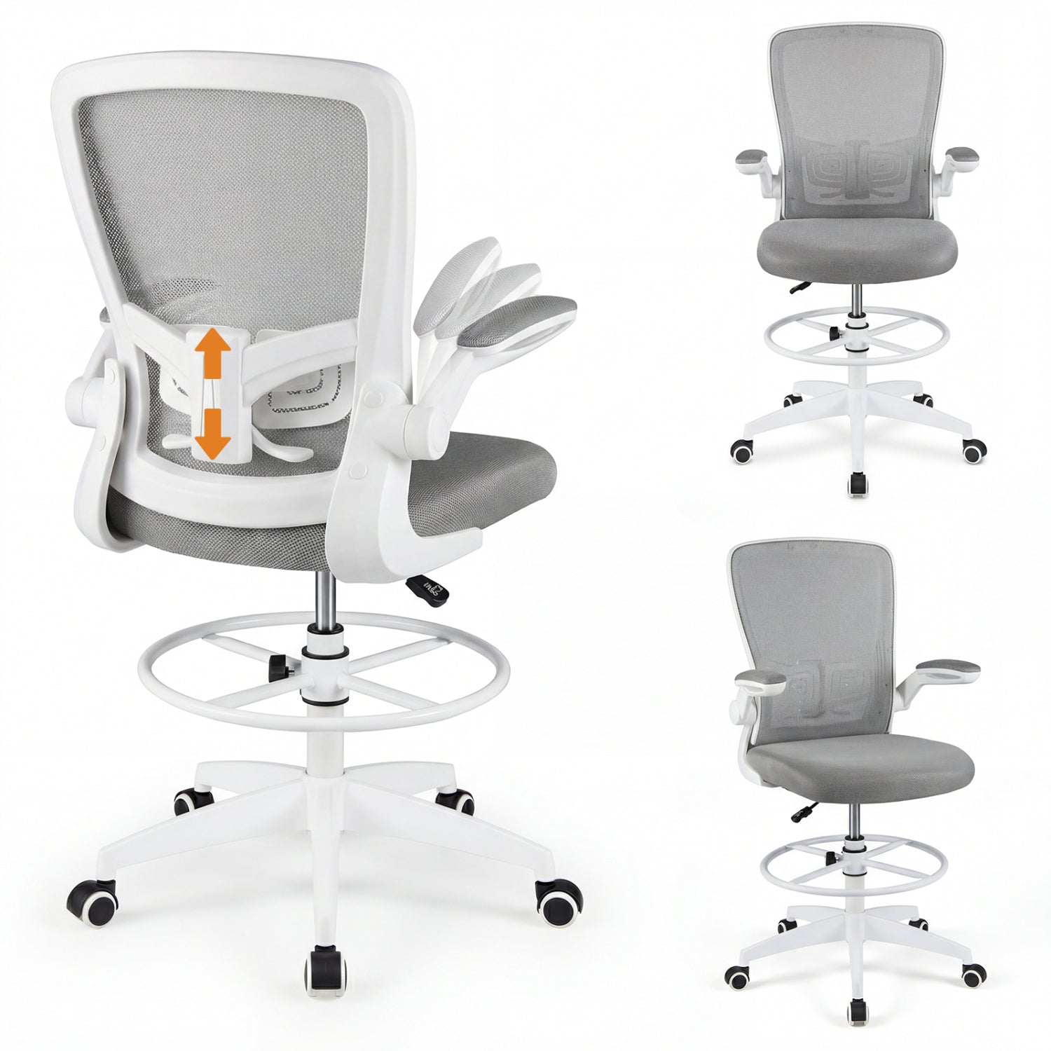 Height Adjustable Drafting Chair, Flip Up Arms, Gray Mesh Chairs at Gallery Canada