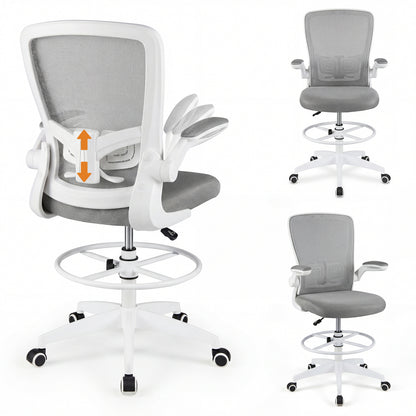 Height Adjustable Drafting Chair, Flip Up Arms, Gray Mesh Chairs at Gallery Canada