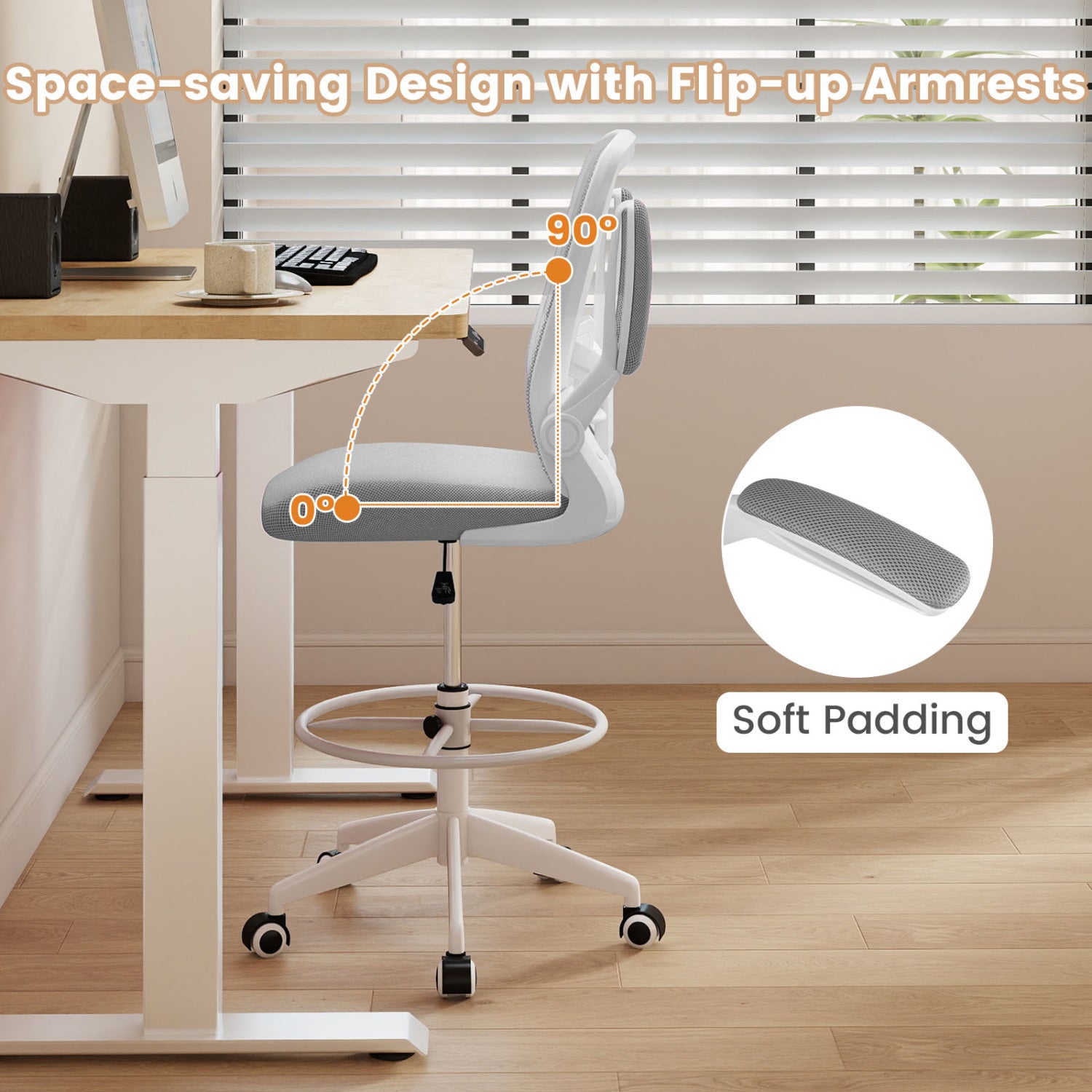 Height Adjustable Drafting Chair, Flip Up Arms, Gray Mesh Chairs at Gallery Canada