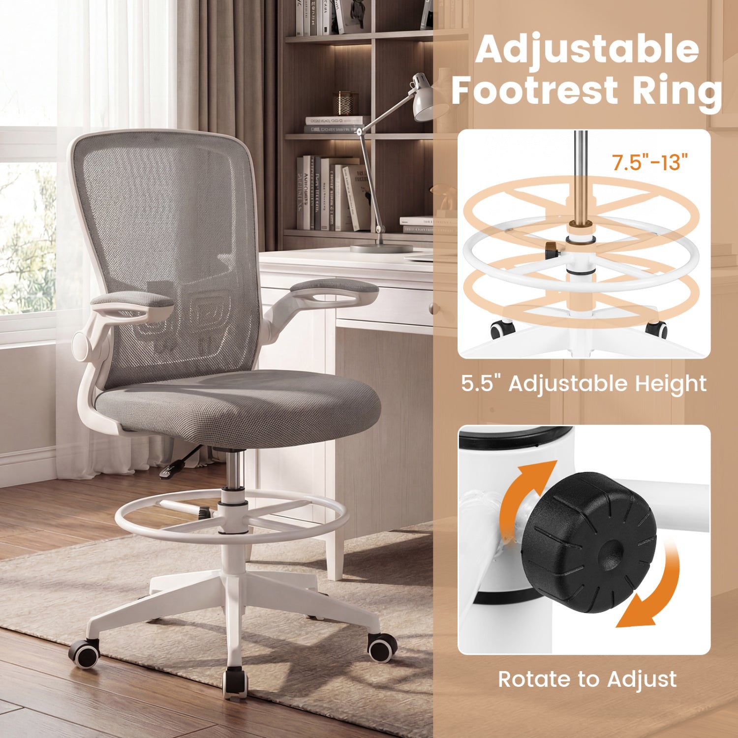 Height Adjustable Drafting Chair, Flip Up Arms, Gray Mesh Chairs at Gallery Canada