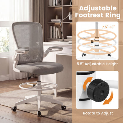 Height Adjustable Drafting Chair, Flip Up Arms, Gray Mesh Chairs at Gallery Canada