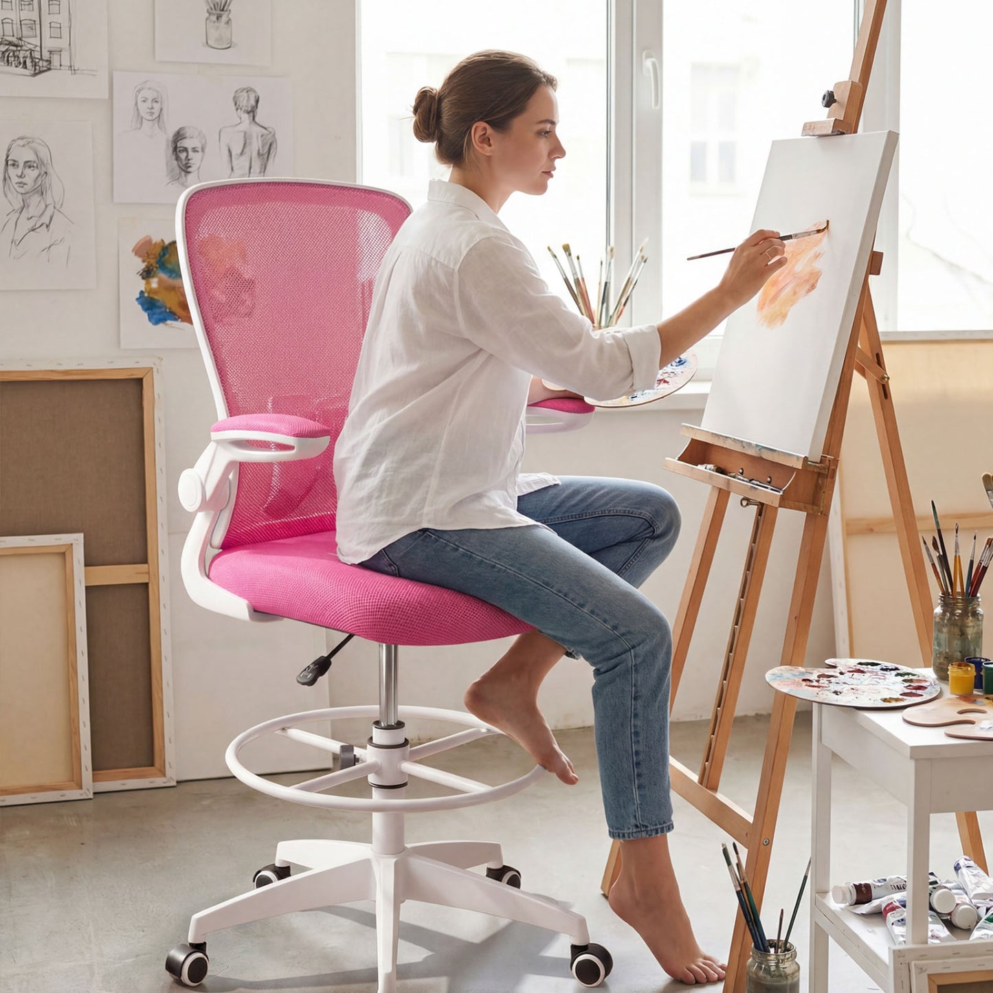 Height Adjustable Drafting Chair With Flip Up Arms, Pink Mesh Chairs at Gallery Canada