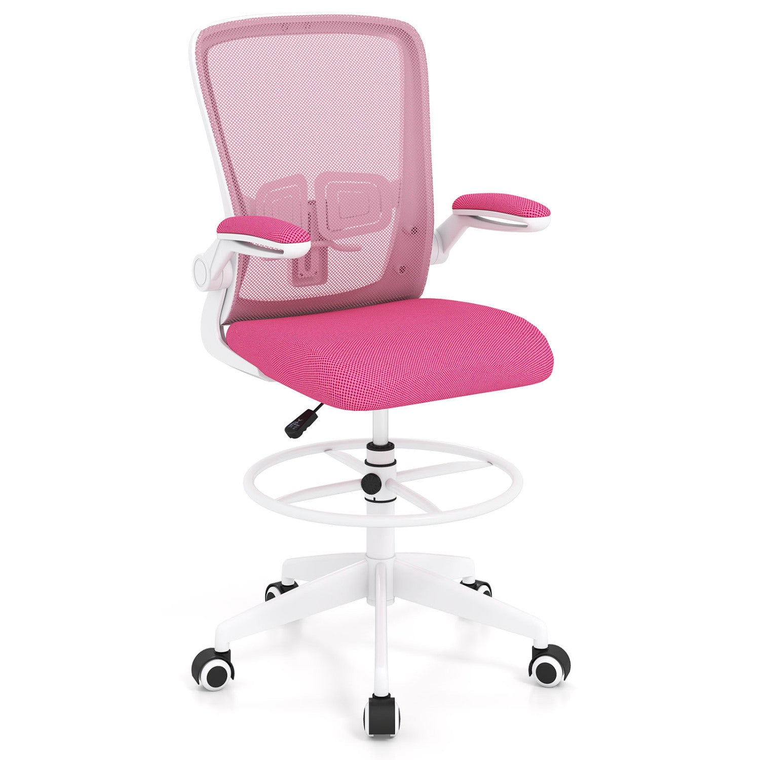 Height Adjustable Drafting Chair With Flip Up Arms, Pink Mesh Chairs at Gallery Canada