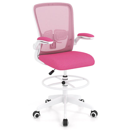 Height Adjustable Drafting Chair With Flip Up Arms, Pink Mesh Chairs at Gallery Canada