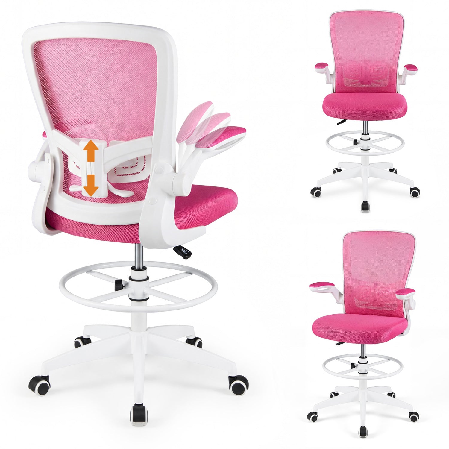 Height Adjustable Drafting Chair With Flip Up Arms, Pink Mesh Chairs at Gallery Canada