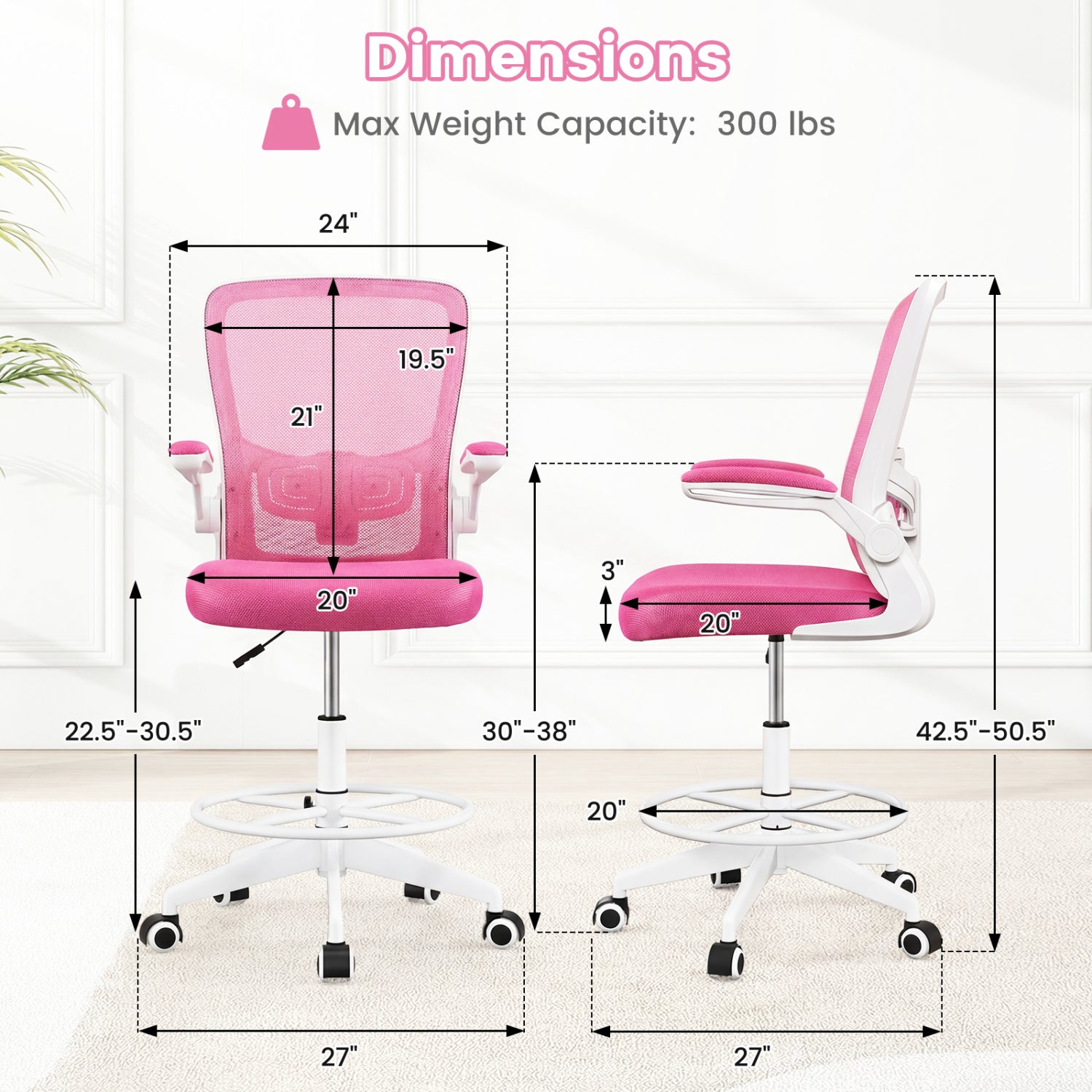Height Adjustable Drafting Chair With Flip Up Arms, Pink Mesh Chairs at Gallery Canada