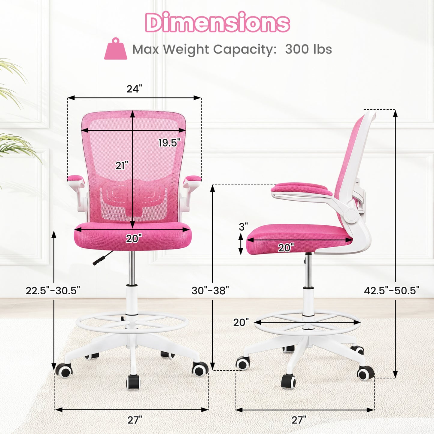 Height Adjustable Drafting Chair With Flip Up Arms, Pink Mesh Chairs at Gallery Canada