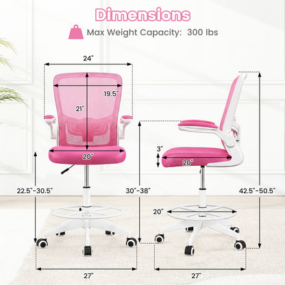 Height Adjustable Drafting Chair With Flip Up Arms, Pink Mesh Chairs at Gallery Canada