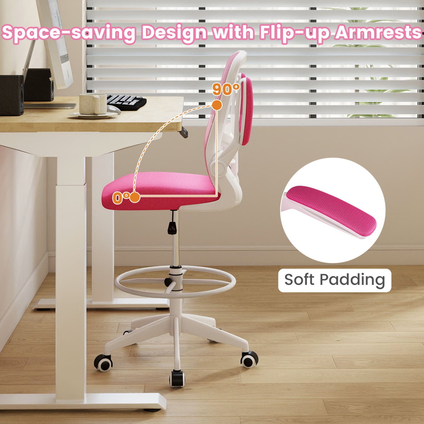 Height Adjustable Drafting Chair With Flip Up Arms, Pink Mesh Chairs at Gallery Canada