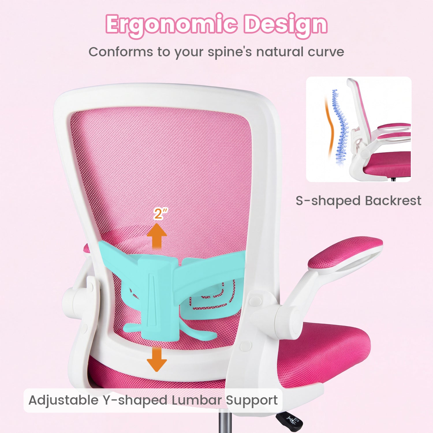 Height Adjustable Drafting Chair With Flip Up Arms, Pink Mesh Chairs at Gallery Canada