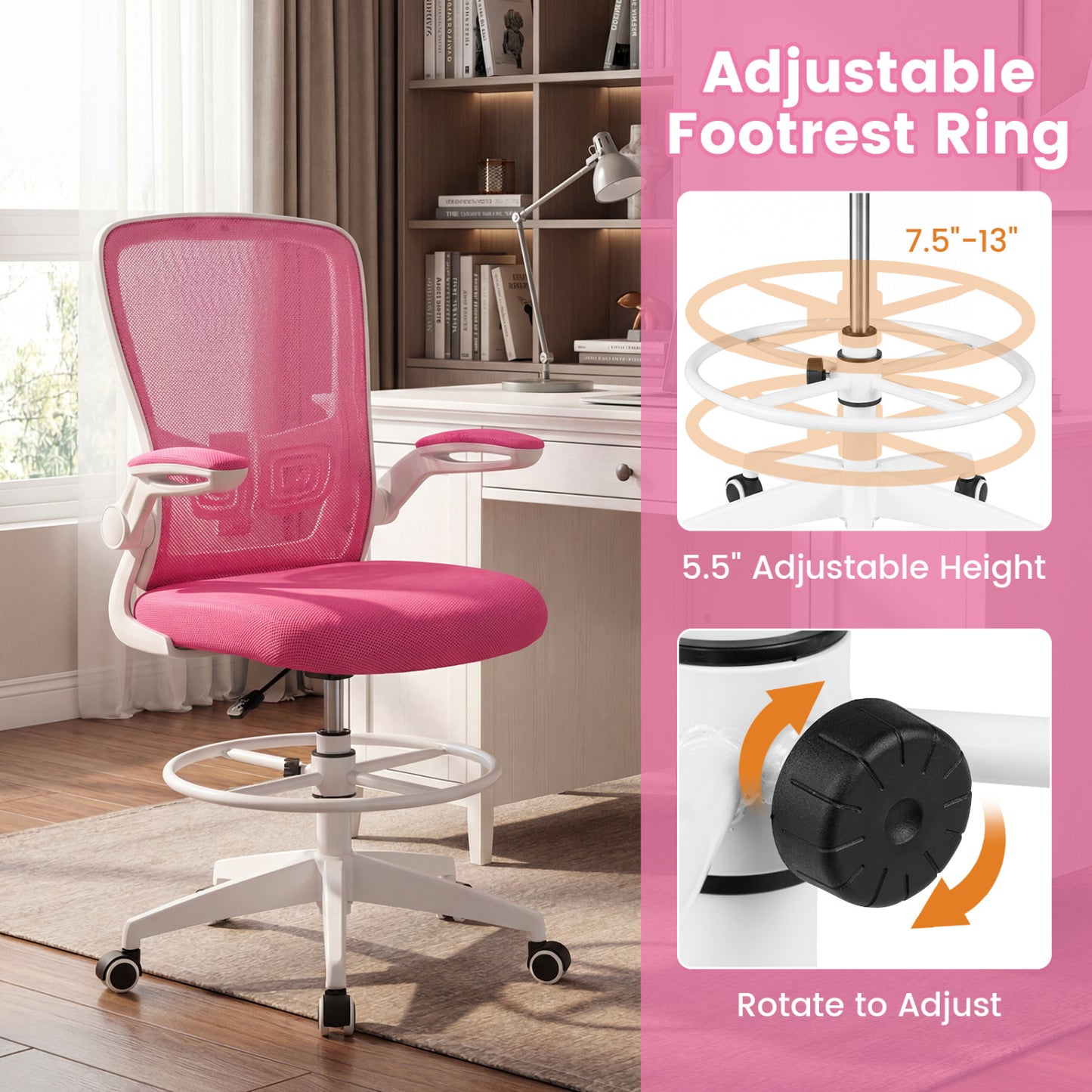 Height Adjustable Drafting Chair With Flip Up Arms, Pink Mesh Chairs at Gallery Canada