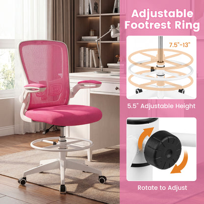 Height Adjustable Drafting Chair With Flip Up Arms, Pink Mesh Chairs at Gallery Canada