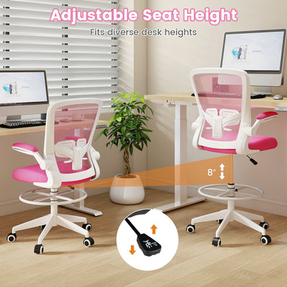 Height Adjustable Drafting Chair With Flip Up Arms, Pink Mesh Chairs at Gallery Canada