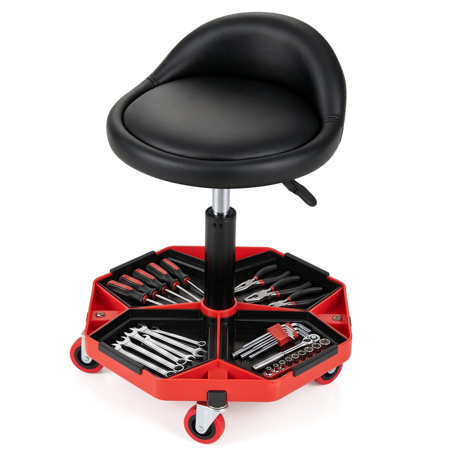 Adjustable Garage Seat, PU Leather Cushion, Red & Black