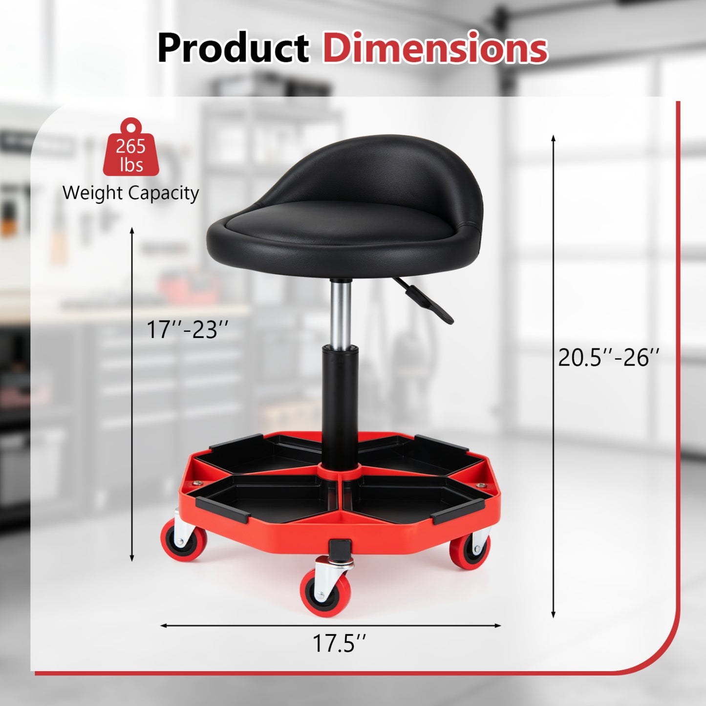 Adjustable Garage Seat, PU Leather Cushion, Red & Black
