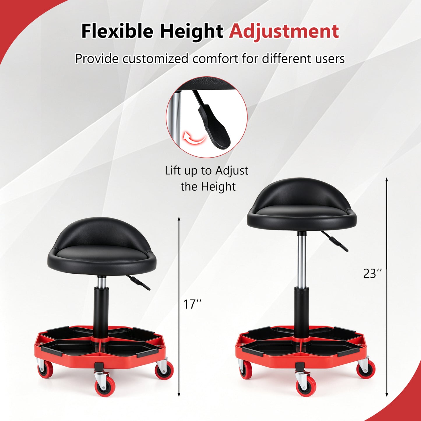 Adjustable Garage Seat, PU Leather Cushion, Red & Black