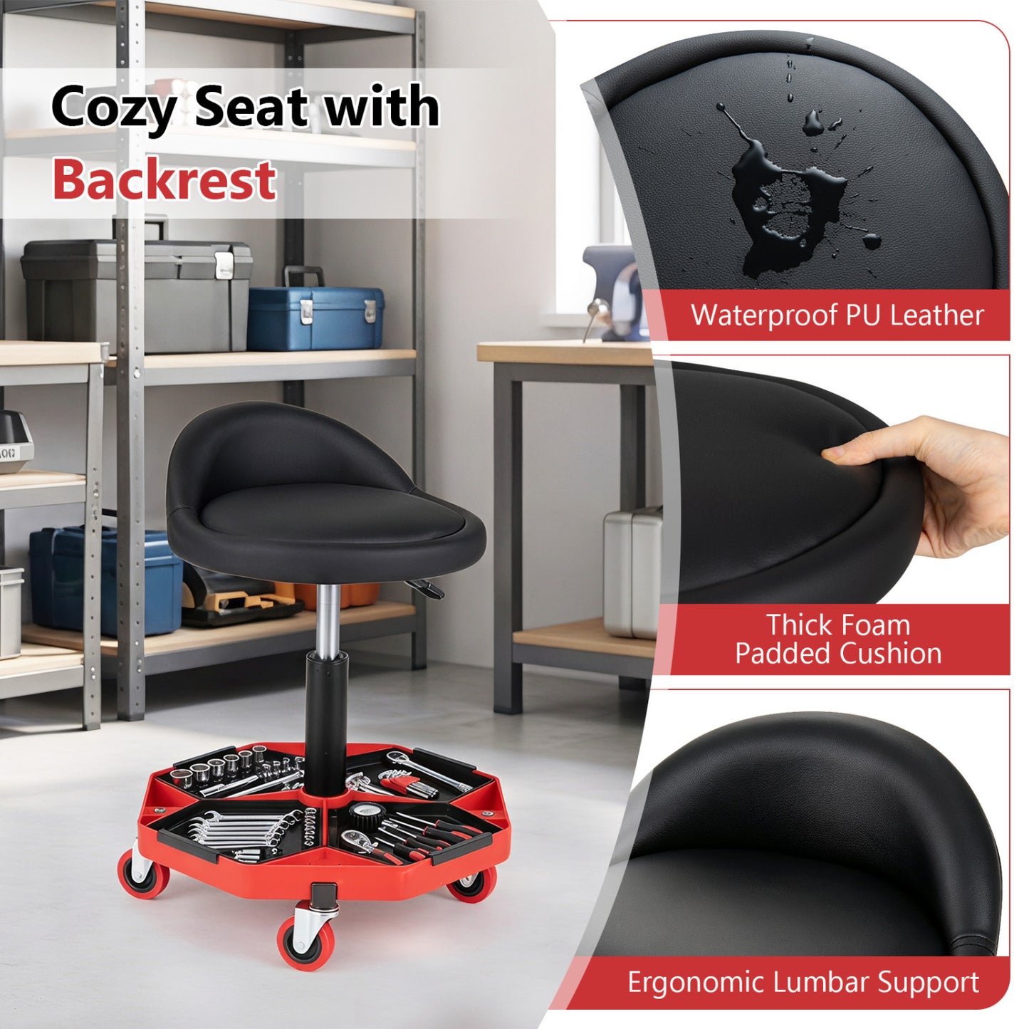Adjustable Garage Seat, PU Leather Cushion, Red & Black