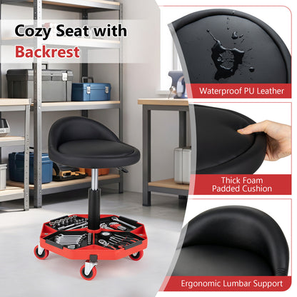 Adjustable Garage Seat, PU Leather Cushion, Red & Black