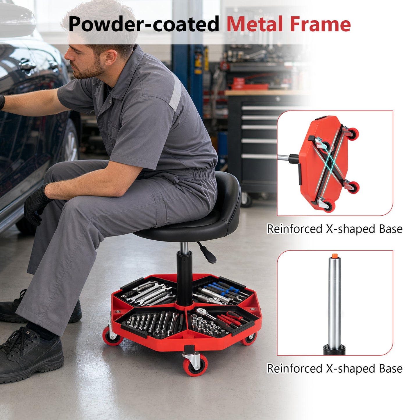 Adjustable Garage Seat, PU Leather Cushion, Red & Black