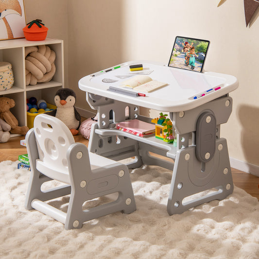 Adjustable Kids Table Chair Set, Tiltable Whiteboard, Concave Shelf, Gray Kids Table & Chair Sets Gray at Gallery Canada