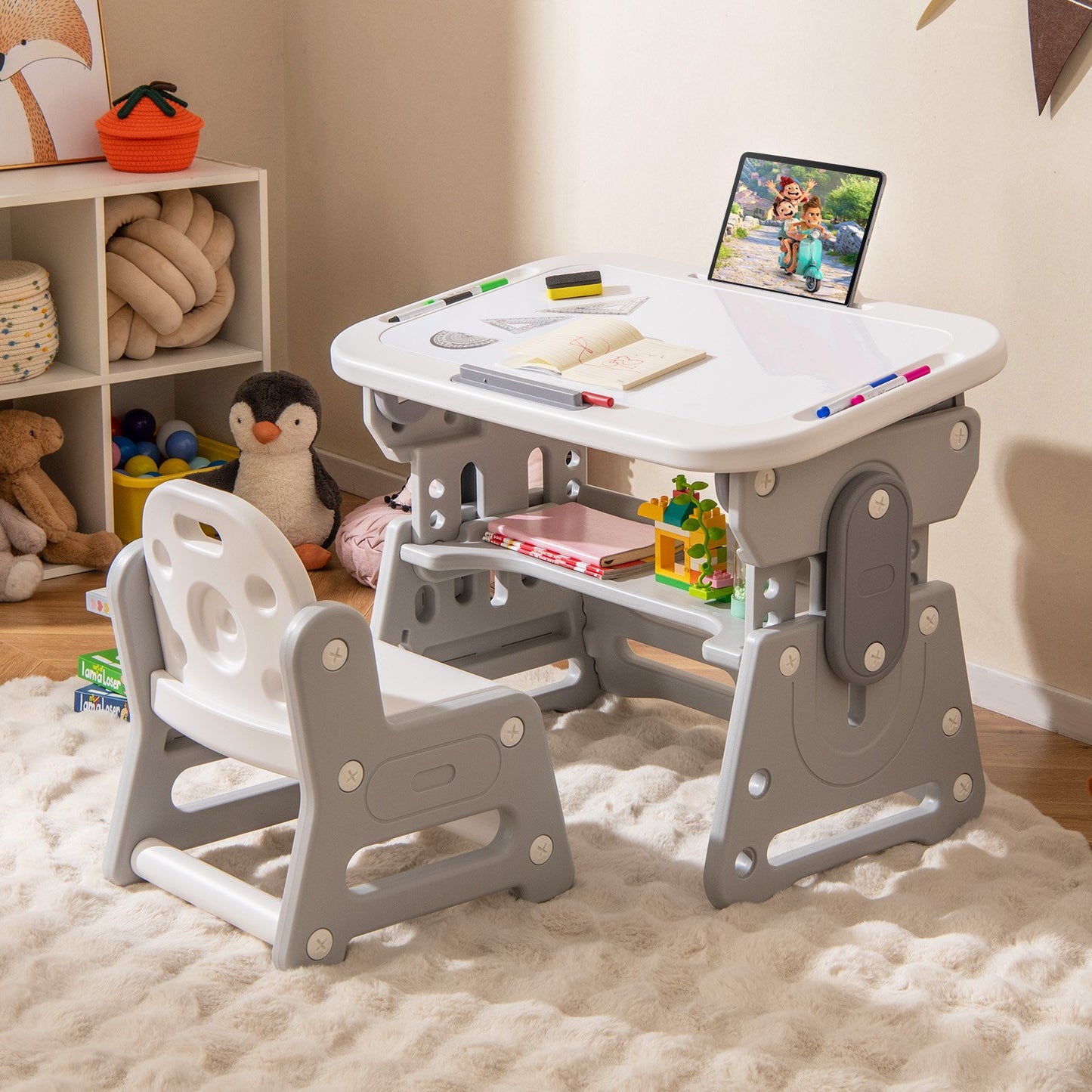 Height Adjustable Kids Table and Chair Set with Tiltable Whiteboard and Concave Shelf, Gray Kids Table & Chair Sets at Gallery Canada