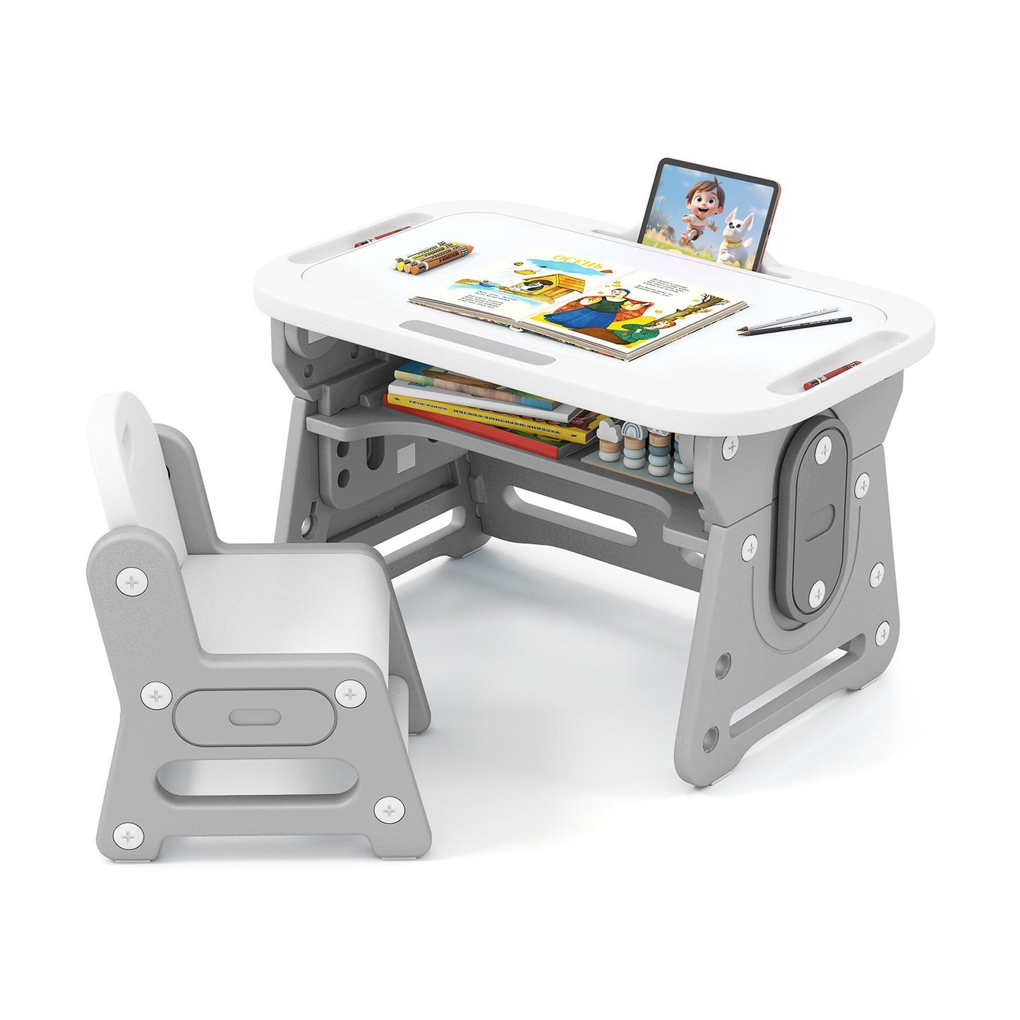 Height Adjustable Kids Table and Chair Set with Tiltable Whiteboard and Concave Shelf, Gray Kids Table & Chair Sets Gray at Gallery Canada