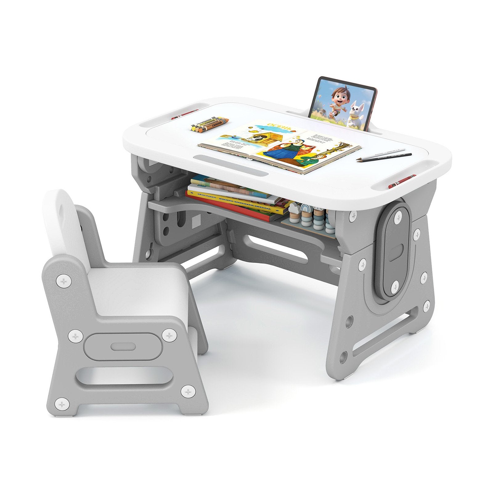 Height Adjustable Kids Table and Chair Set with Tiltable Whiteboard and Concave Shelf, Gray Kids Table & Chair Sets Gray at Gallery Canada