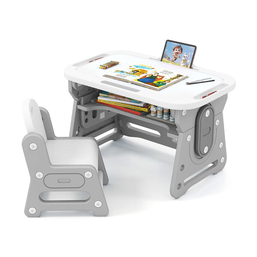 Height Adjustable Kids Table and Chair Set with Tiltable Whiteboard and Concave Shelf, Gray