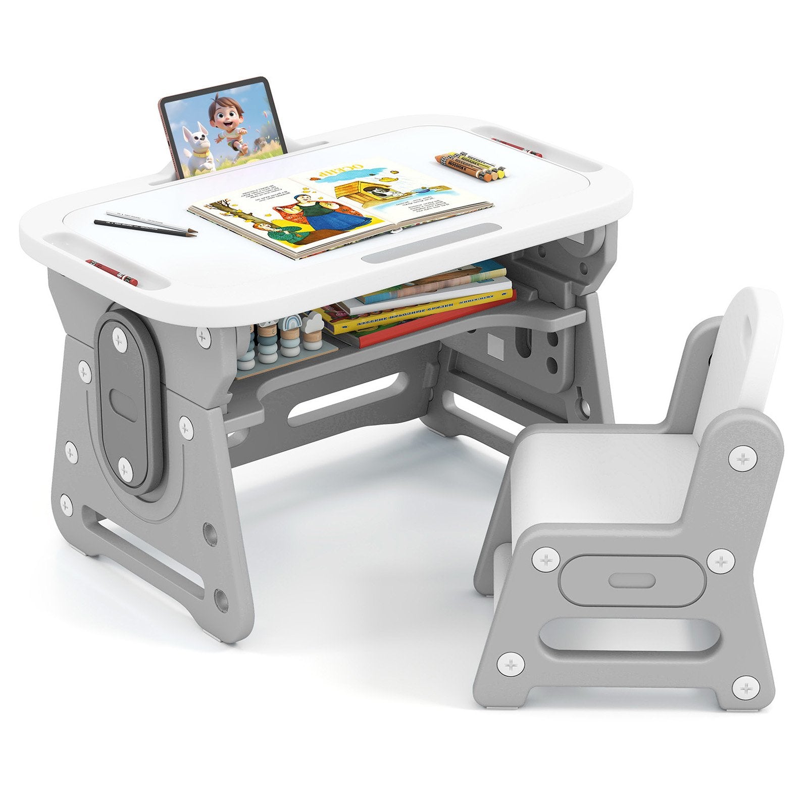 Height Adjustable Kids Table and Chair Set with Tiltable Whiteboard and Concave Shelf, Gray Kids Table & Chair Sets at Gallery Canada