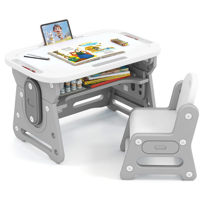 Height Adjustable Kids Table and Chair Set with Tiltable Whiteboard and Concave Shelf, Gray Kids Table & Chair Sets at Gallery Canada