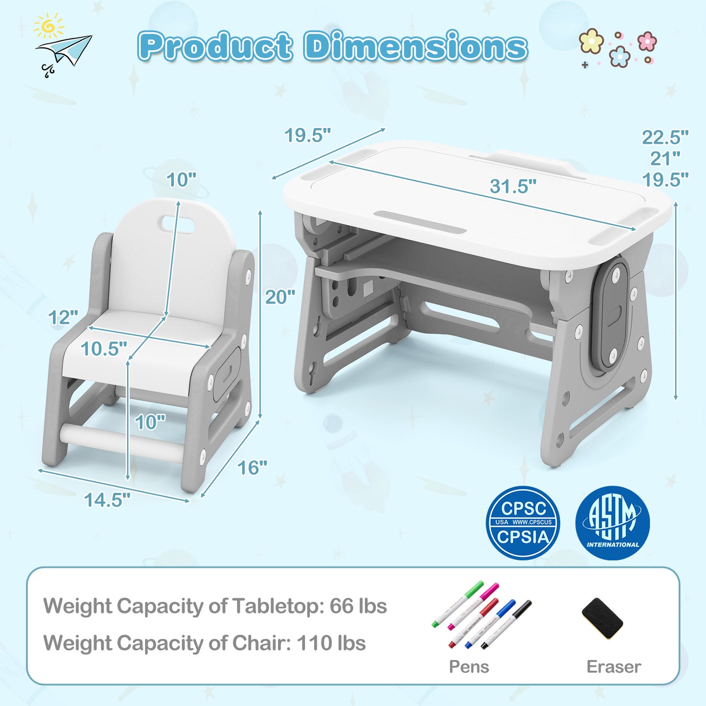 Height Adjustable Kids Table and Chair Set with Tiltable Whiteboard and Concave Shelf, Gray Kids Table & Chair Sets at Gallery Canada