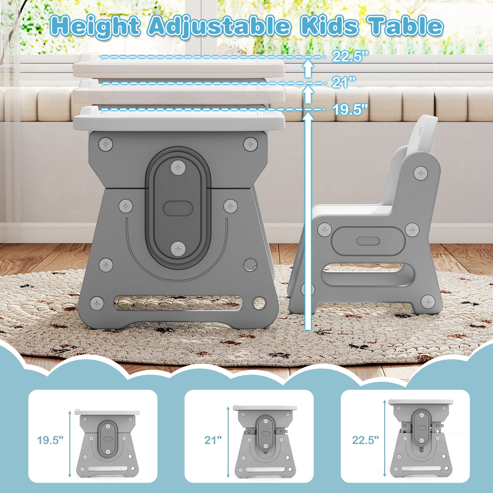 Adjustable Kids Table Chair Set, Tiltable Whiteboard, Concave Shelf, Gray Kids Table & Chair Sets at Gallery Canada