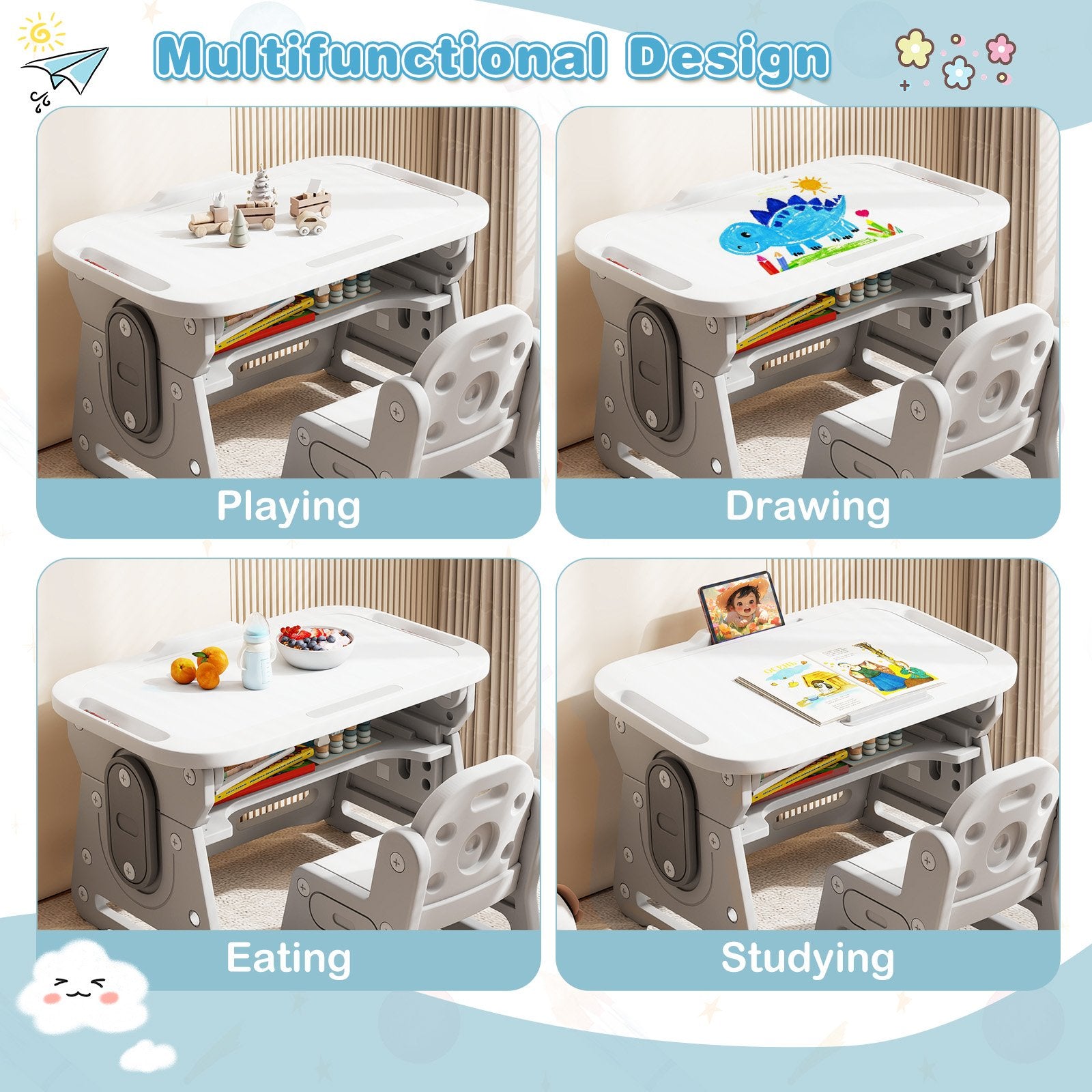 Height Adjustable Kids Table and Chair Set with Tiltable Whiteboard and Concave Shelf, Gray Kids Table & Chair Sets at Gallery Canada