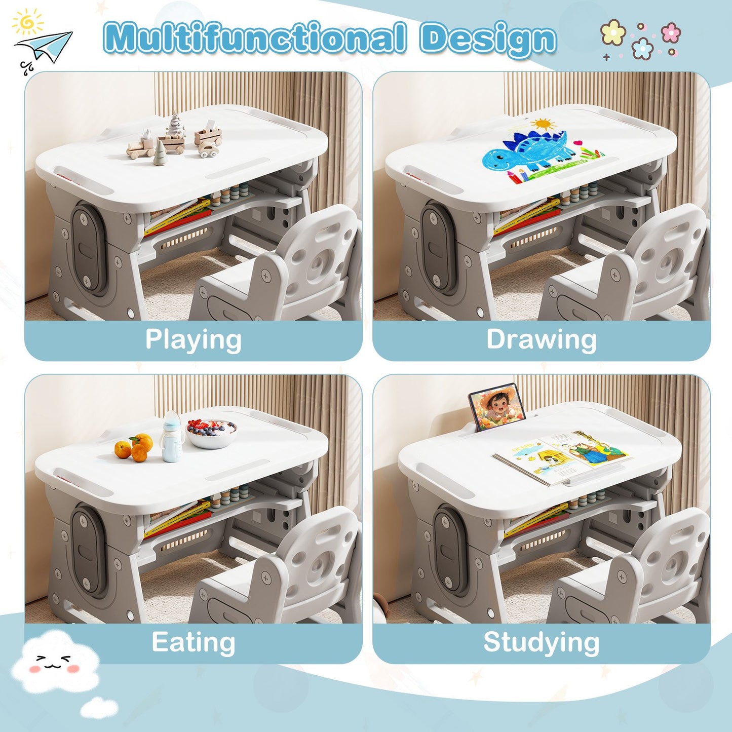 Height Adjustable Kids Table and Chair Set with Tiltable Whiteboard and Concave Shelf, Gray Kids Table & Chair Sets at Gallery Canada