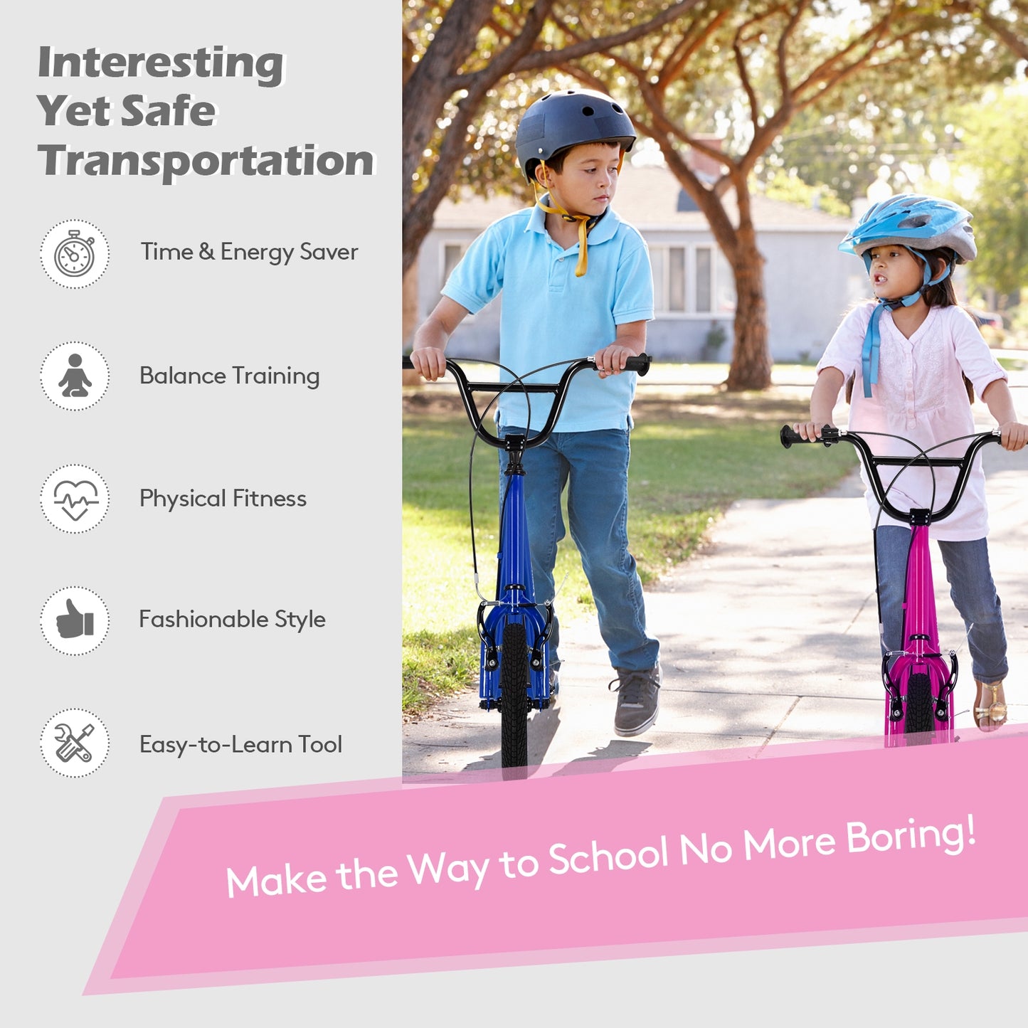 Height Adjustable Kids Scooter, 12 Inch Air Filled Wheel, Pink Scooters at Gallery Canada