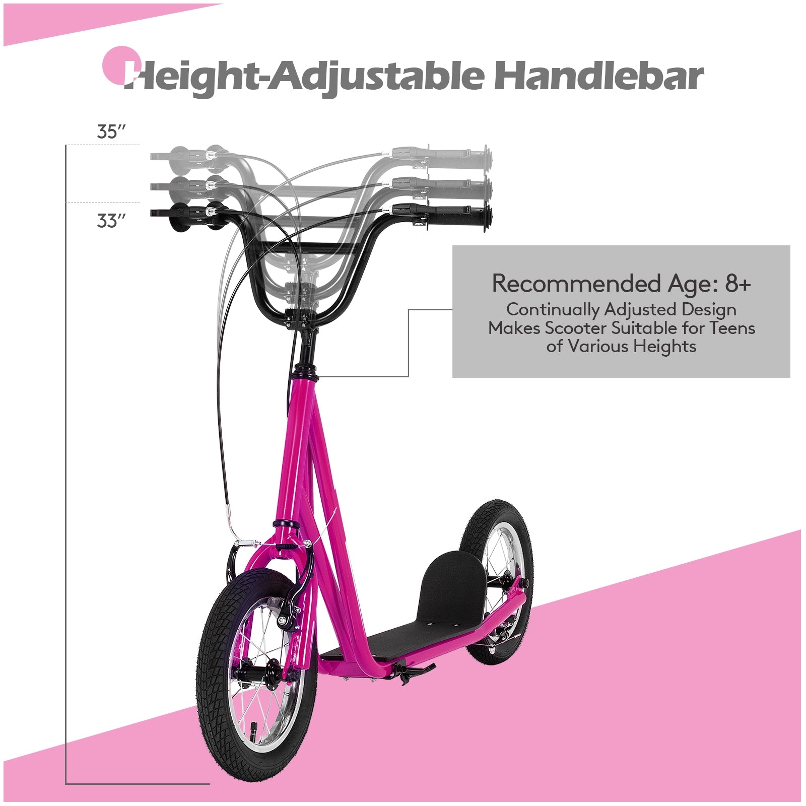 Height Adjustable Kids Scooter, 12 Inch Air Filled Wheel, Pink Scooters at Gallery Canada