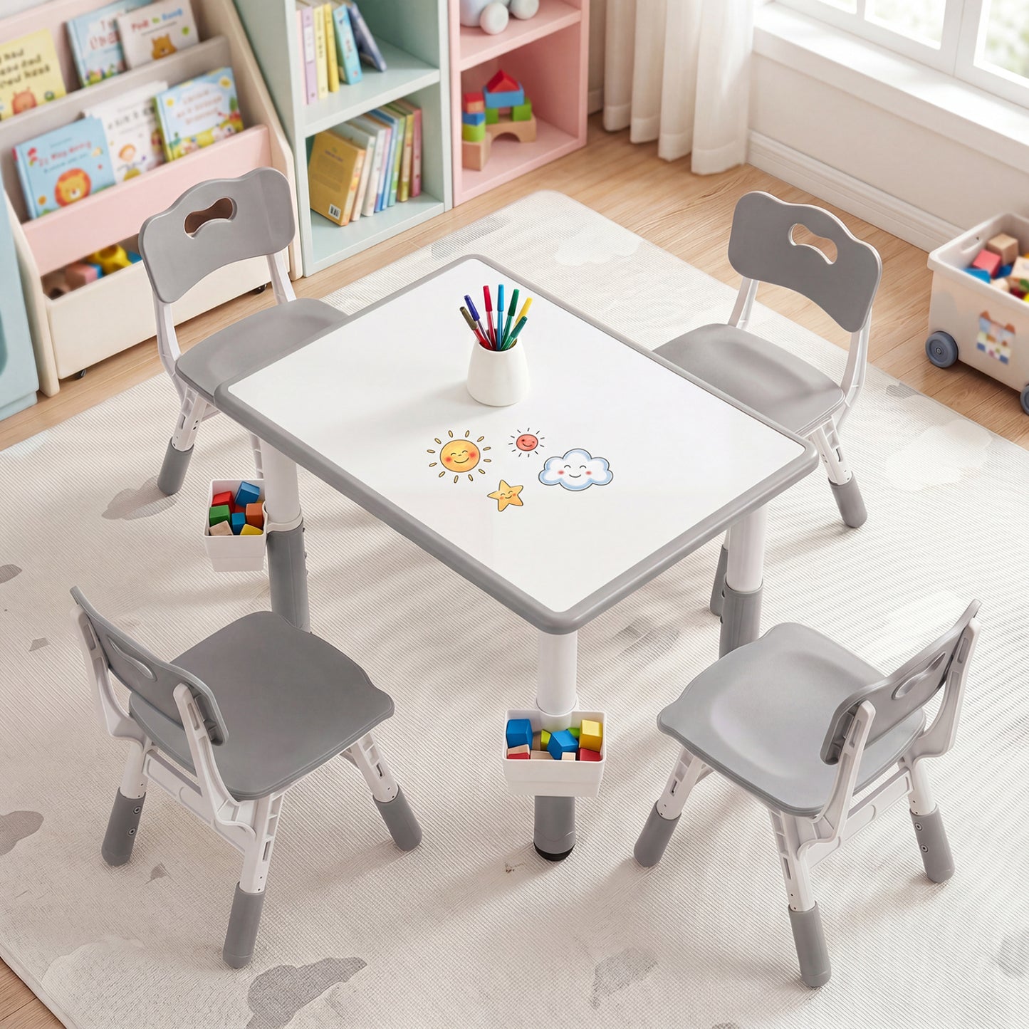 Kids Adjustable Table & 4 Chairs Set, with Storage Baskets, Gray