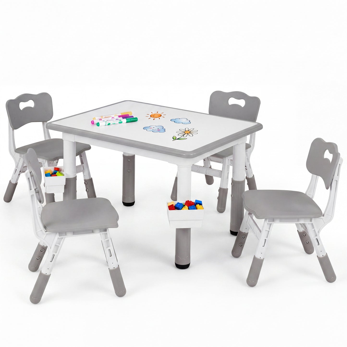Kids Adjustable Table & 4 Chairs Set, with Storage Baskets, Gray