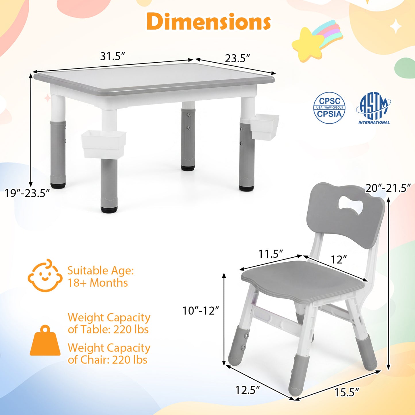 Kids Adjustable Table & 4 Chairs Set, with Storage Baskets, Gray