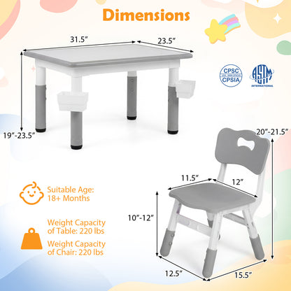 Kids Adjustable Table & 4 Chairs Set, with Storage Baskets, Gray