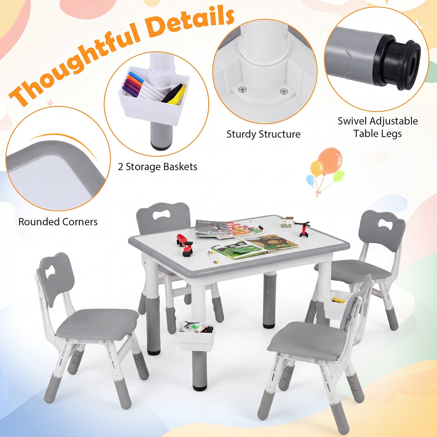 Kids Adjustable Table & 4 Chairs Set, with Storage Baskets, Gray