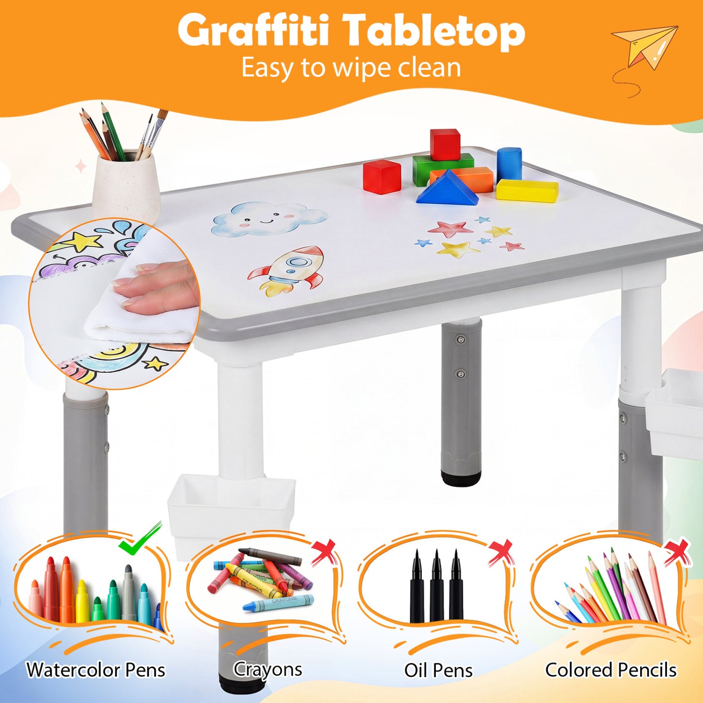 Kids Adjustable Table & 4 Chairs Set, with Storage Baskets, Gray