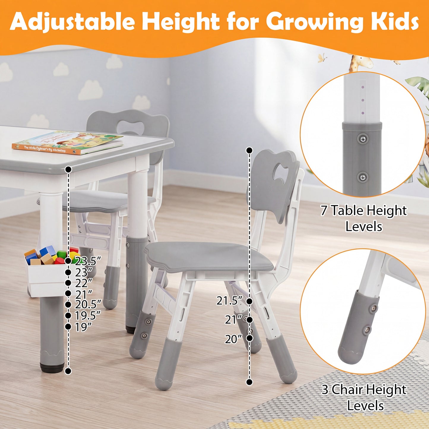 Kids Adjustable Table & 4 Chairs Set, with Storage Baskets, Gray