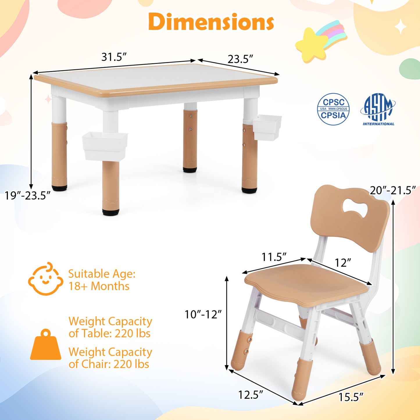 Height Adjustable Kids Table & 4 Chairs Set