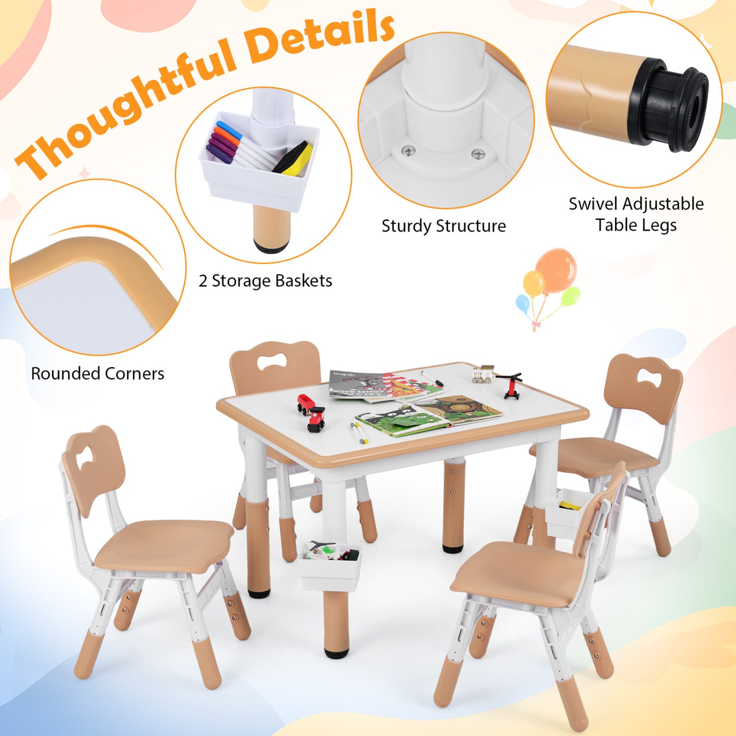 Height Adjustable Kids Table & 4 Chairs Set
