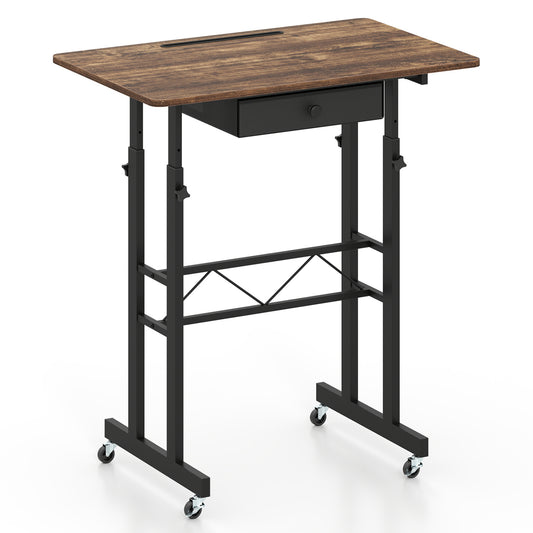 Height Adjustable Laptop Desk With Drawer, Rustic Brown Standing Desks Rustic Brown at Gallery Canada