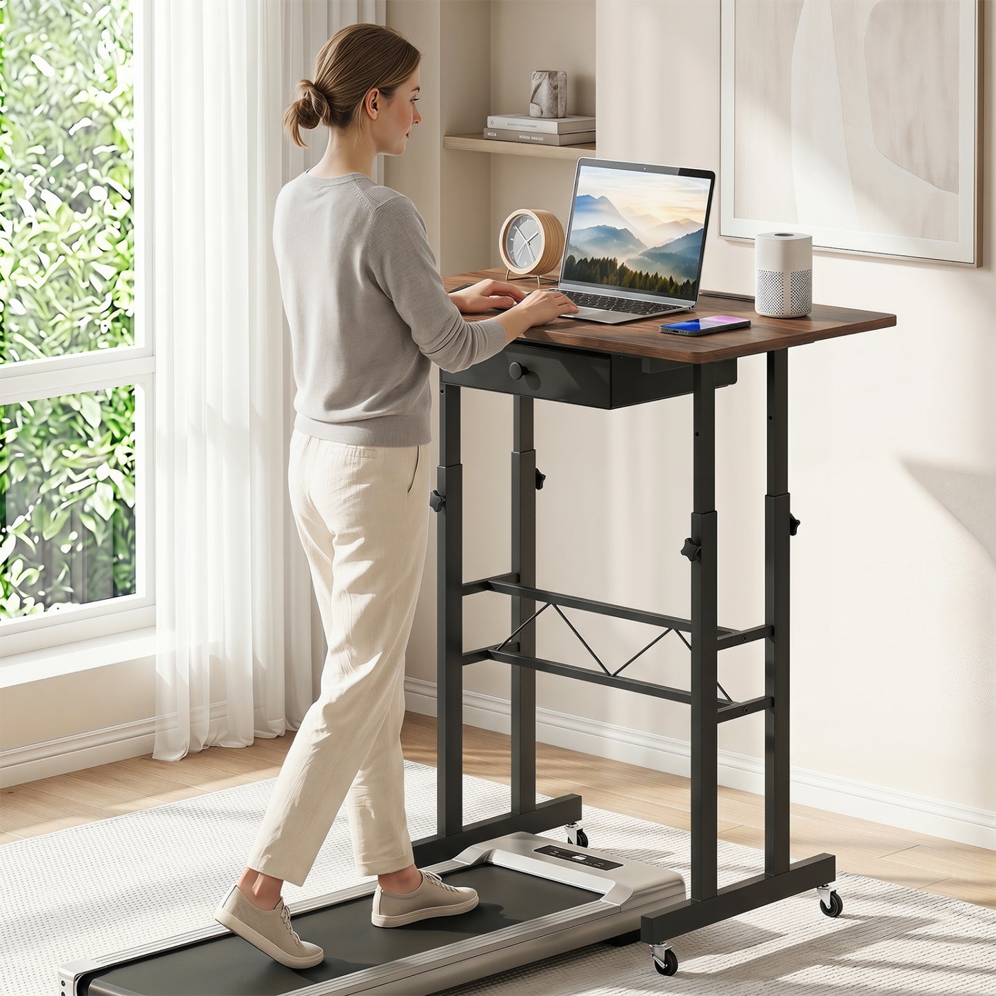 Height Adjustable Laptop Desk With Drawer, Rustic Brown