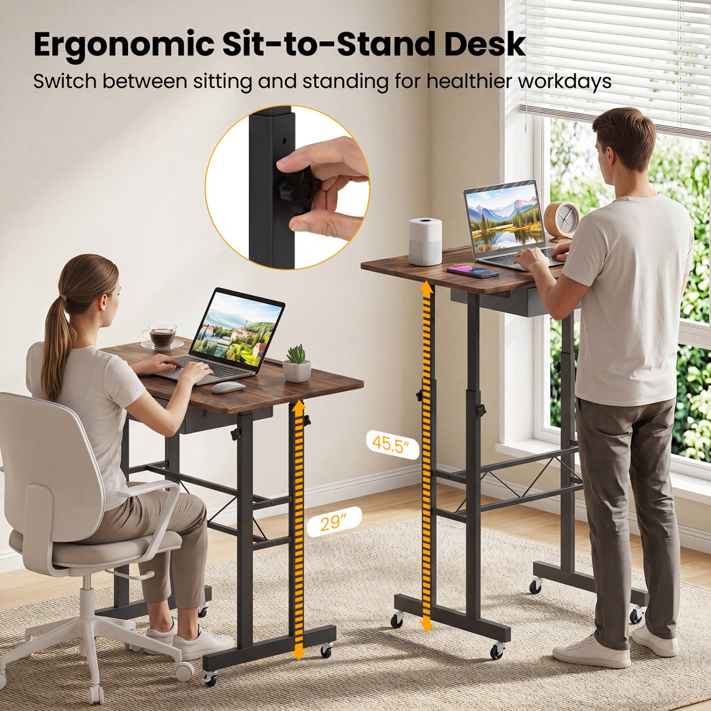 Height Adjustable Laptop Desk With Drawer, Rustic Brown