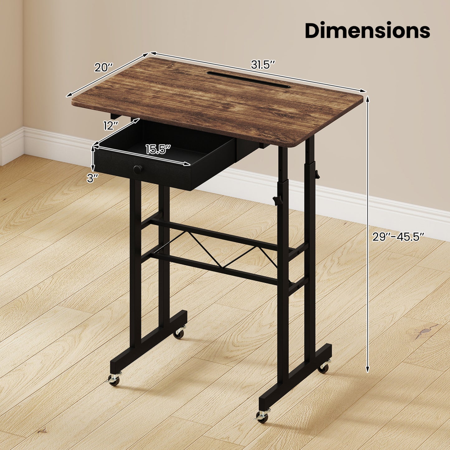 Height Adjustable Laptop Desk With Drawer, Rustic Brown
