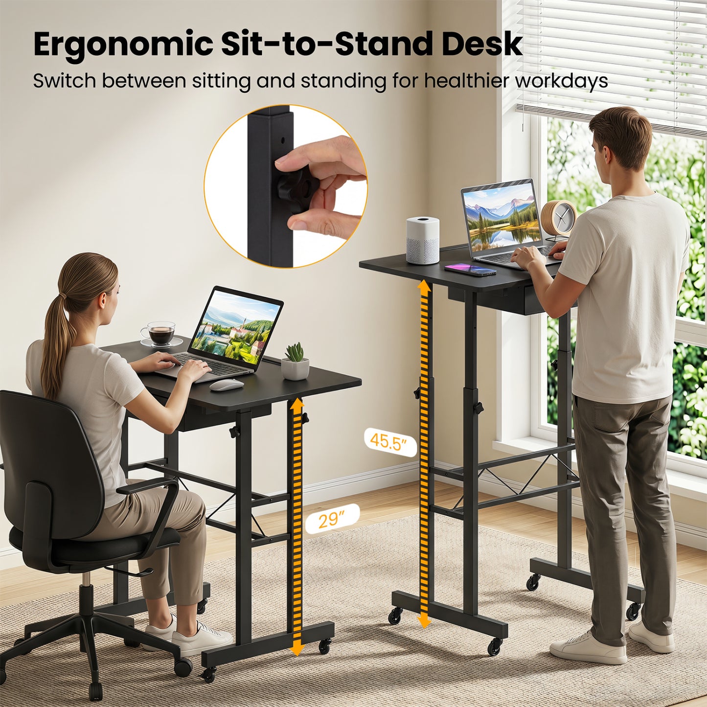 Height Adjustable Laptop Desk with Drawer, Tablet Holder, Black